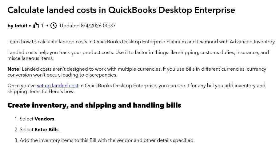 QuickBooks help article on how to calculate landed cost for inventory