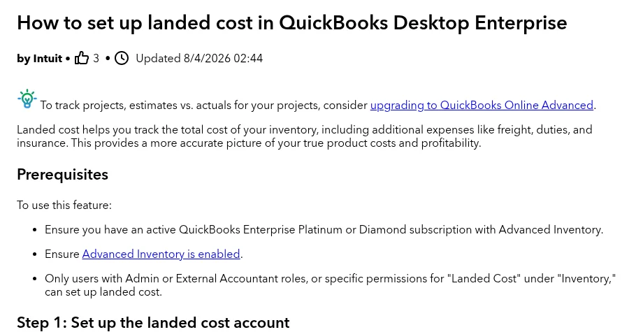 Intuit QuickBooks Help article How to set up landed cost in QuickBooks Desktop Enterprise listing the Enterprise Platinum or Diamond and Advanced Inventory prerequisites