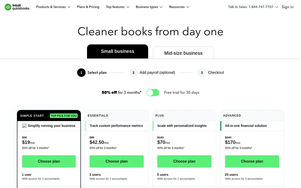 QuickBooks Online pricing page showing Simple Start, Essentials, Plus, and Advanced plans with 50% off for 3 months and user counts