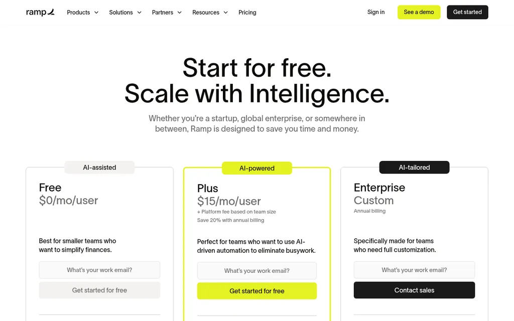 Ramp pricing page showing a Free plan at $0 per user, Plus at $15 per user per month plus a platform fee, and Enterprise with custom annual billing