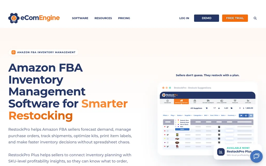 RestockPro by eComEngine page with the headline Amazon FBA Inventory Management Software for Smarter Restocking and a Restock Suggestions screen with Restock Now, Restock Soon, and Out of Stock flags
