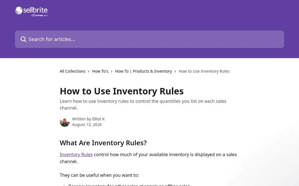 Sellbrite Help Center article How to Use Inventory Rules, explaining that inventory rules control how much available inventory is shown on each sales channel