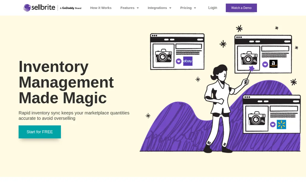 Sellbrite by GoDaddy inventory management page with the headline Inventory Management Made Magic and the line Rapid inventory sync keeps your marketplace quantities accurate to avoid overselling