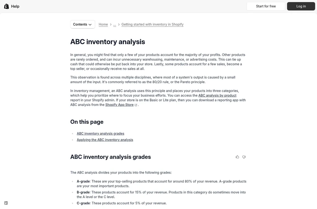 Shopify Help Center ABC inventory analysis page explaining A, B, and C grades for products based on their share of revenue