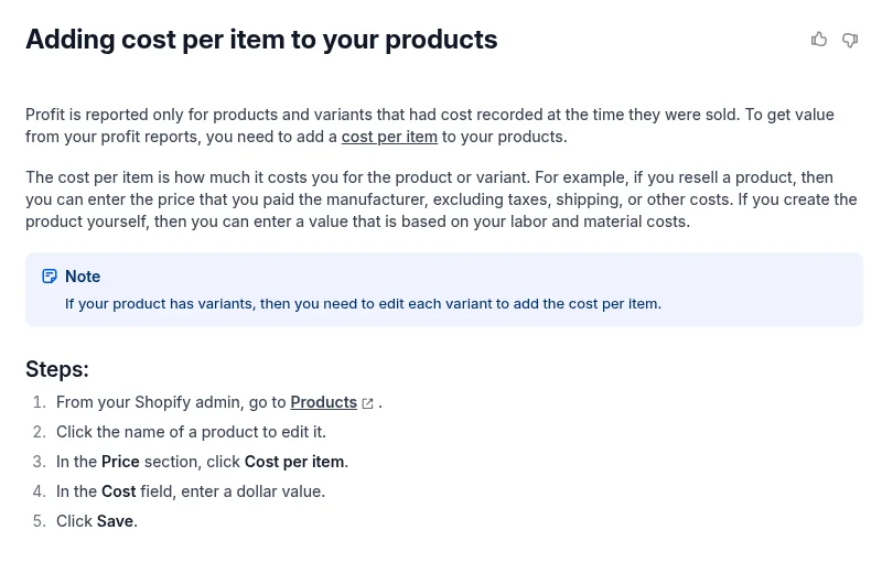 Shopify Help Center profit reports page explaining that cost per item is how much a product or variant costs you, with steps to add it in the Price section
