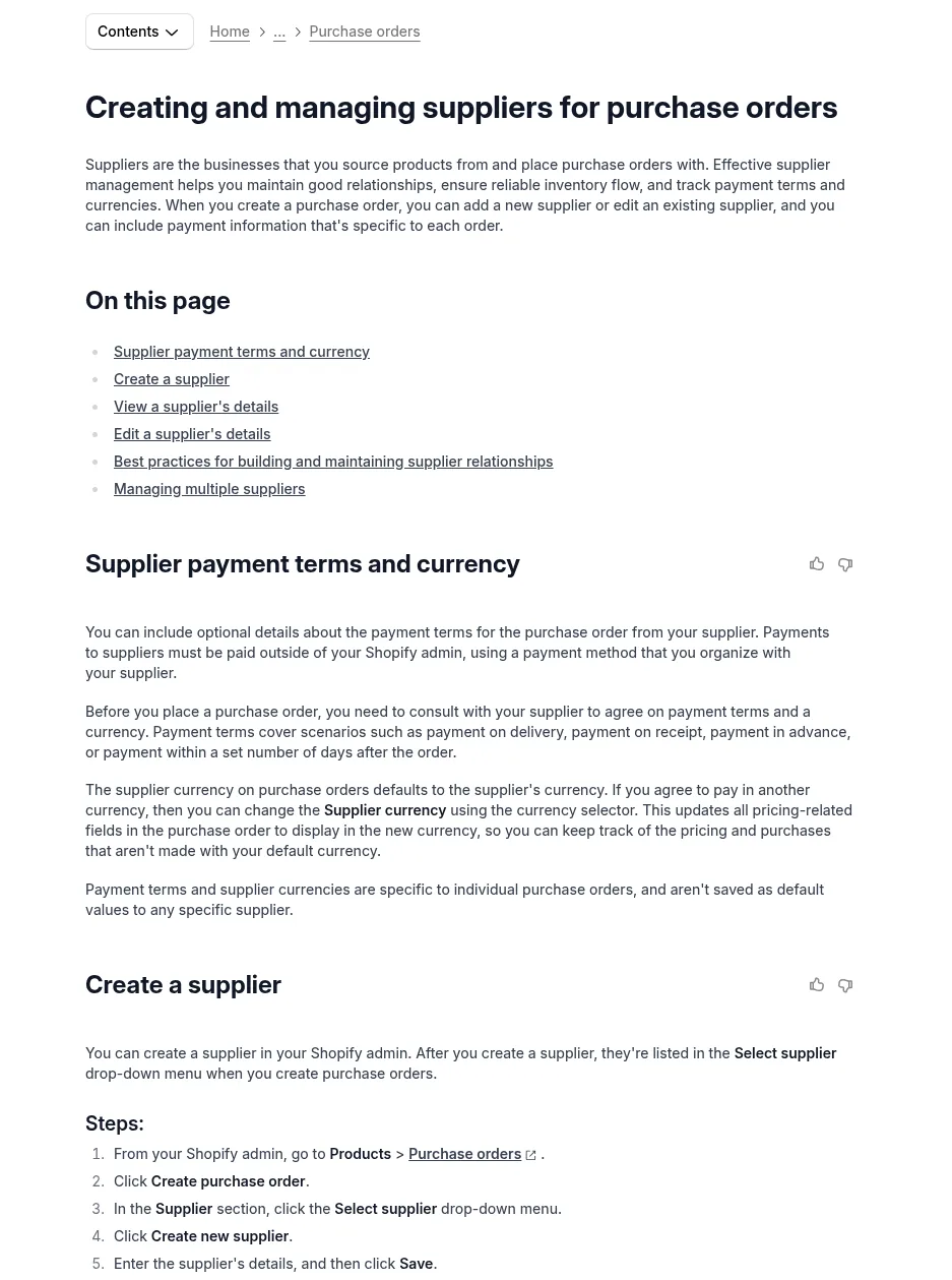 Shopify Help Center page Creating and managing suppliers for purchase orders, showing that payment terms and supplier currency are specific to each purchase order and the steps to create a supplier from Products then Purchase orders
