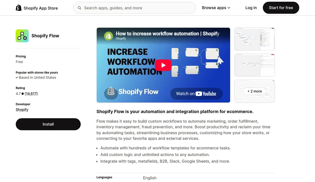 Shopify Flow listing on the Shopify App Store showing the free price, 4.7 star rating, and workflow templates for ecommerce tasks