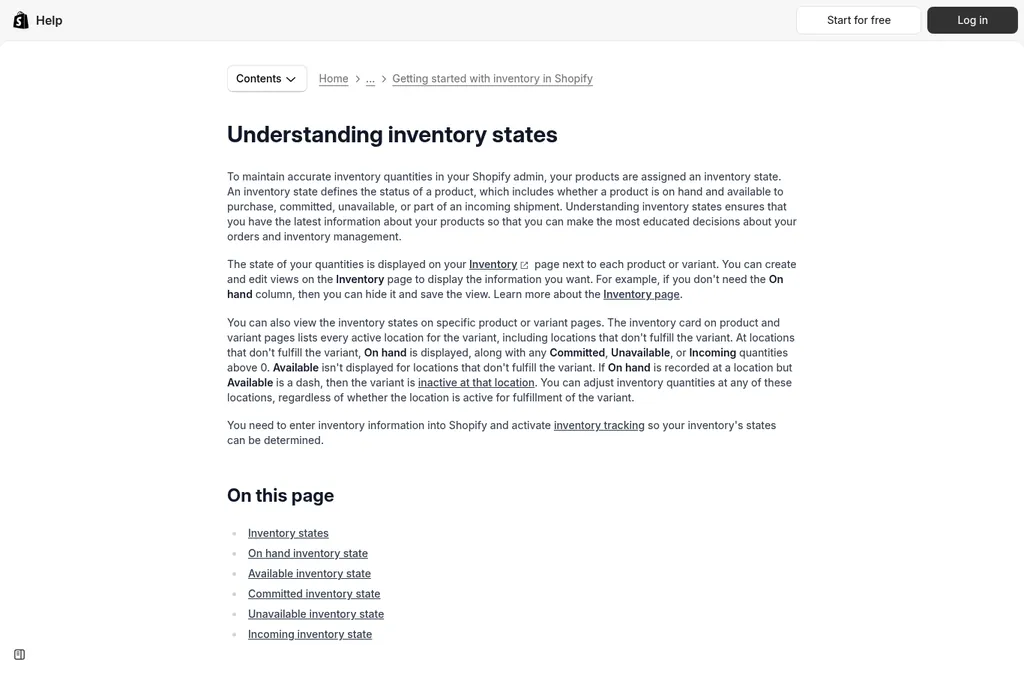 Shopify Help Center page titled Understanding inventory states, explaining that products are assigned a state of on hand, available, committed, unavailable, or incoming