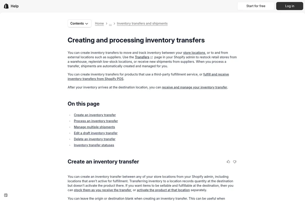 Shopify Help Center page titled Creating and processing inventory transfers, explaining transfers between store locations and to and from external locations such as suppliers