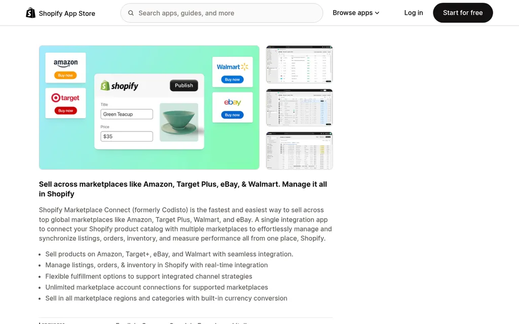 Shopify Marketplace Connect listing on the Shopify App Store describing selling on Amazon, Target Plus, eBay, and Walmart and managing listings, orders, and inventory in Shopify