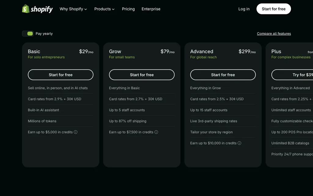 Shopify pricing page with Pay yearly selected showing Basic at $29, Grow at $79, and Advanced at $299 a month
