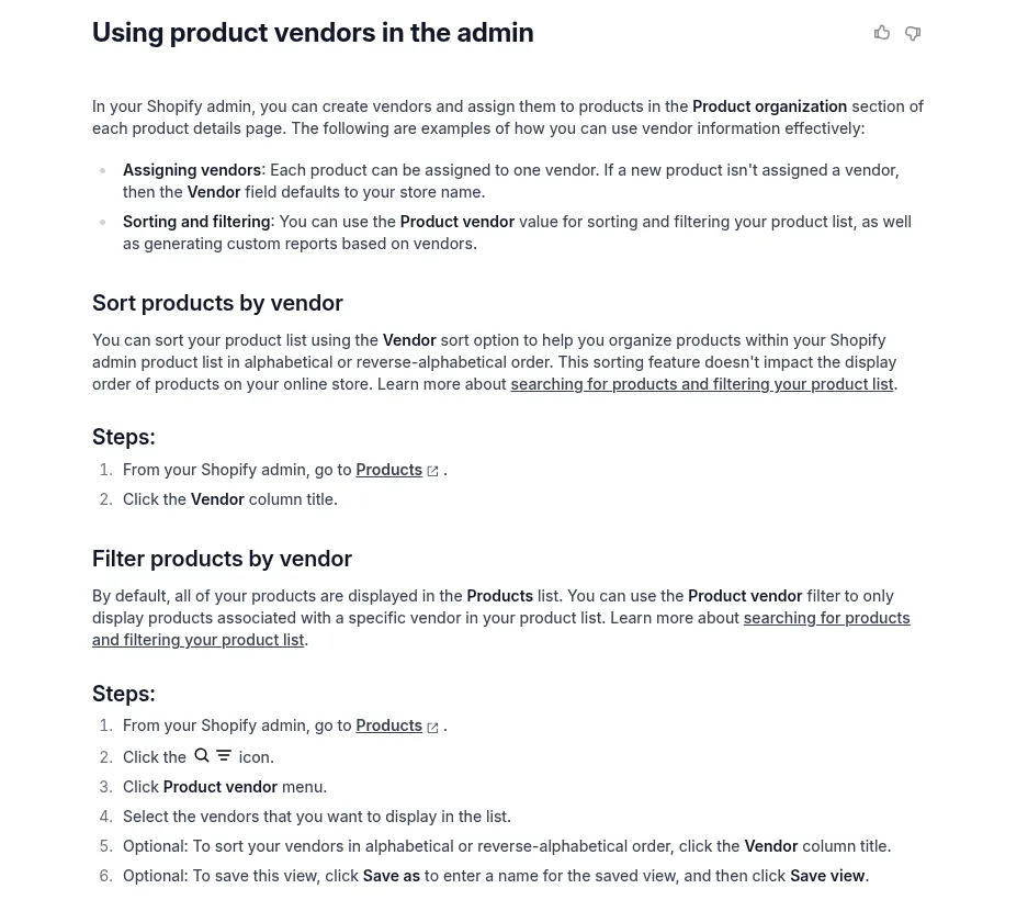 Shopify Help Center page on managing vendor information, showing that each product can be assigned one vendor in the Product organization section and that vendors can be used to sort and filter the product list