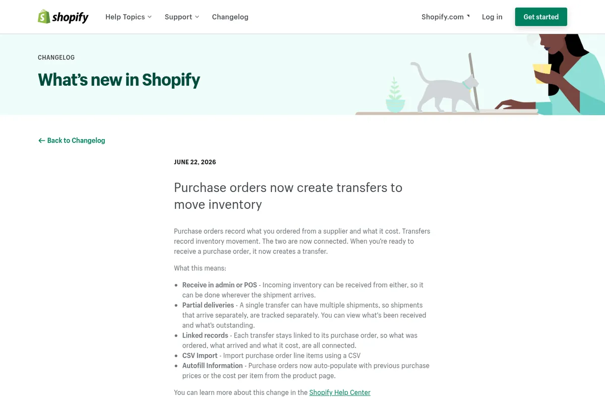 Shopify changelog post from June 22, 2026 saying purchase orders now create transfers, with partial deliveries tracked as separate shipments