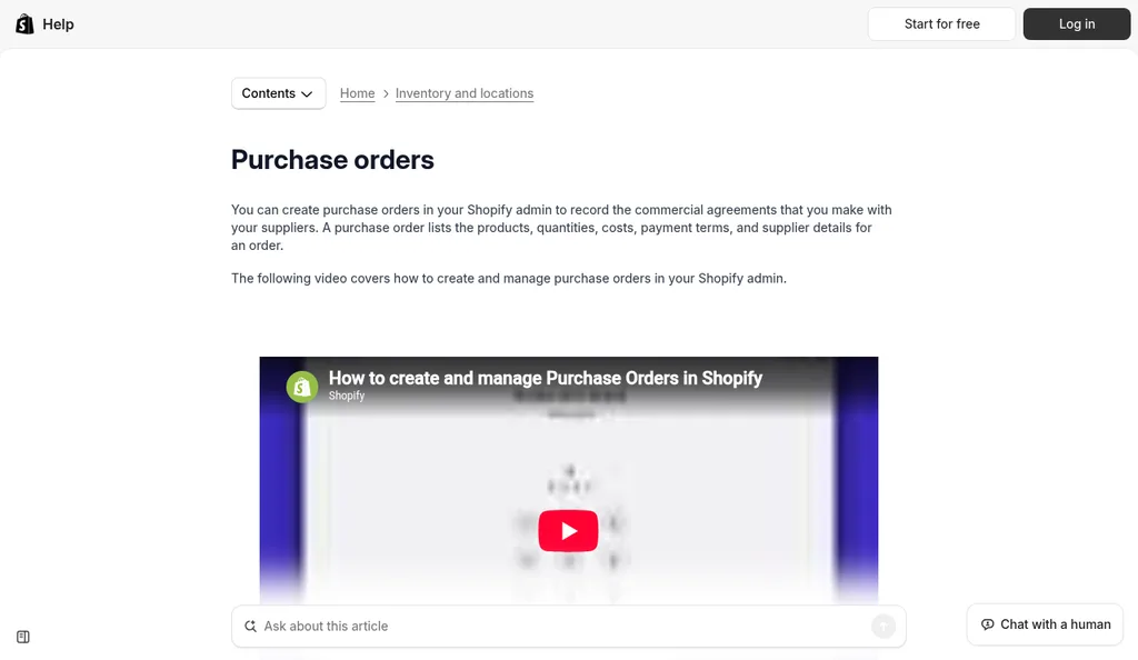 Shopify Help Center purchase orders page explaining that purchase orders list products, quantities, costs, payment terms, and supplier details