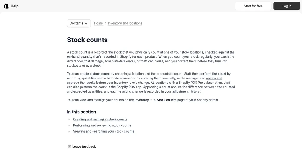 Shopify Help Center Stock counts page explaining that a stock count compares physically counted stock at a location with the on hand quantity recorded in Shopify