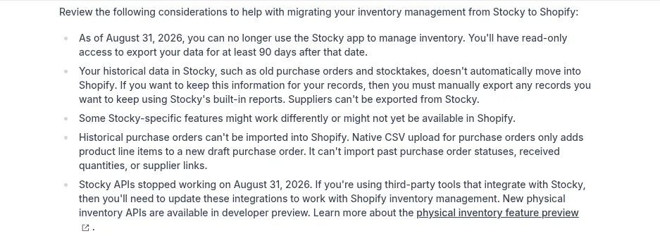 Shopify Help Center list of considerations for migrating from Stocky, including read-only export access for at least 90 days, suppliers that can't be exported from Stocky, and historical purchase orders that can't be imported into Shopify