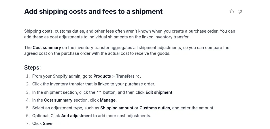 Shopify Help Center section Add shipping costs and fees to a shipment, explaining that shipping costs and customs duties can be added as cost adjustments on the linked inventory transfer and compared with the agreed purchase order cost