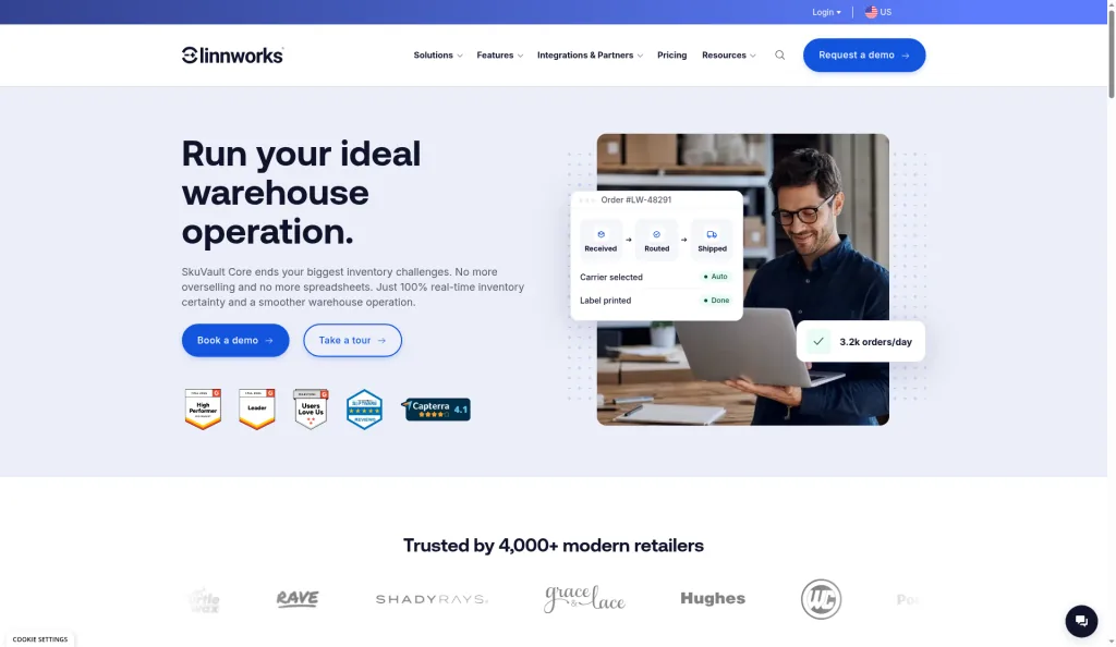 Linnworks SkuVault Core product page for warehouse inventory management