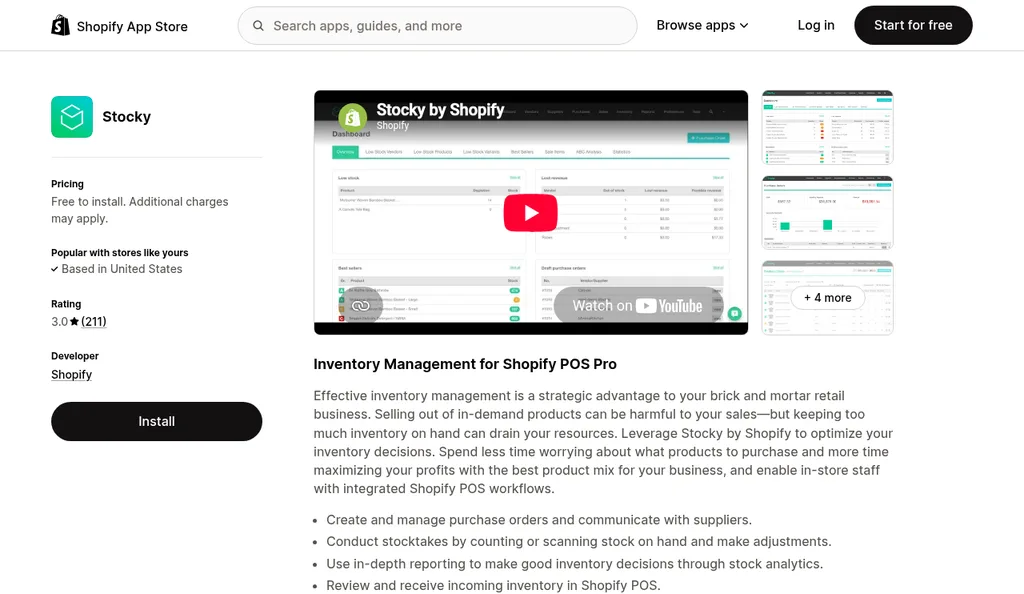 Stocky listing on the Shopify App Store describing inventory management for Shopify POS Pro, including creating purchase orders