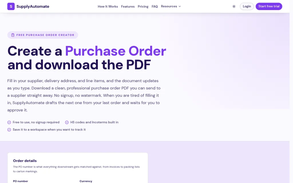 SupplyAutomate free purchase order creator page with the headline Create a Purchase Order and download the PDF, noting HS codes and Incoterms are built in