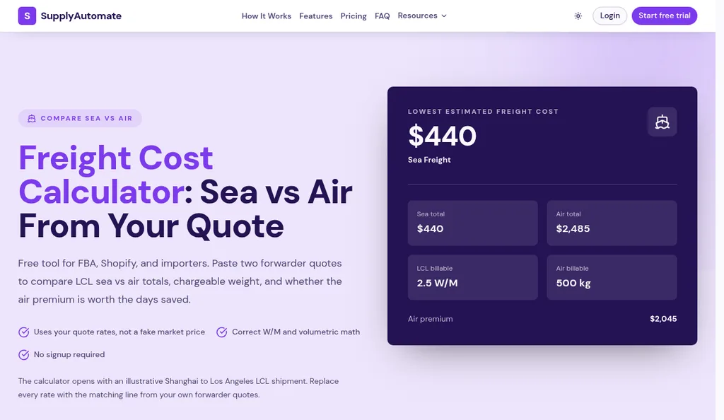 SupplyAutomate free freight cost calculator comparing an illustrative LCL sea total of $440 with an air total of $2,485 for the same shipment