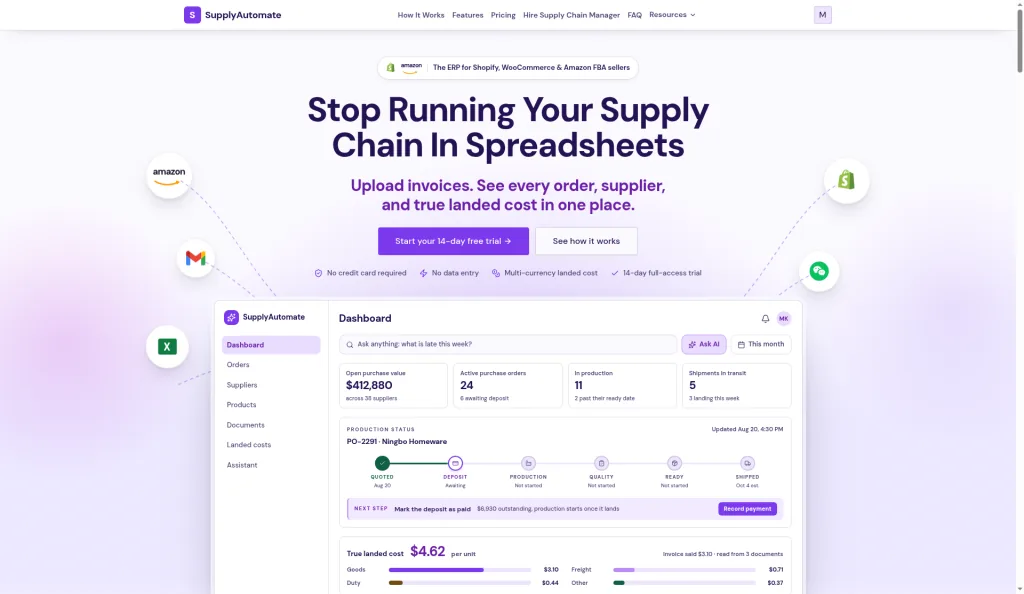 SupplyAutomate homepage hero with dashboard mockup showing purchase orders and landed cost