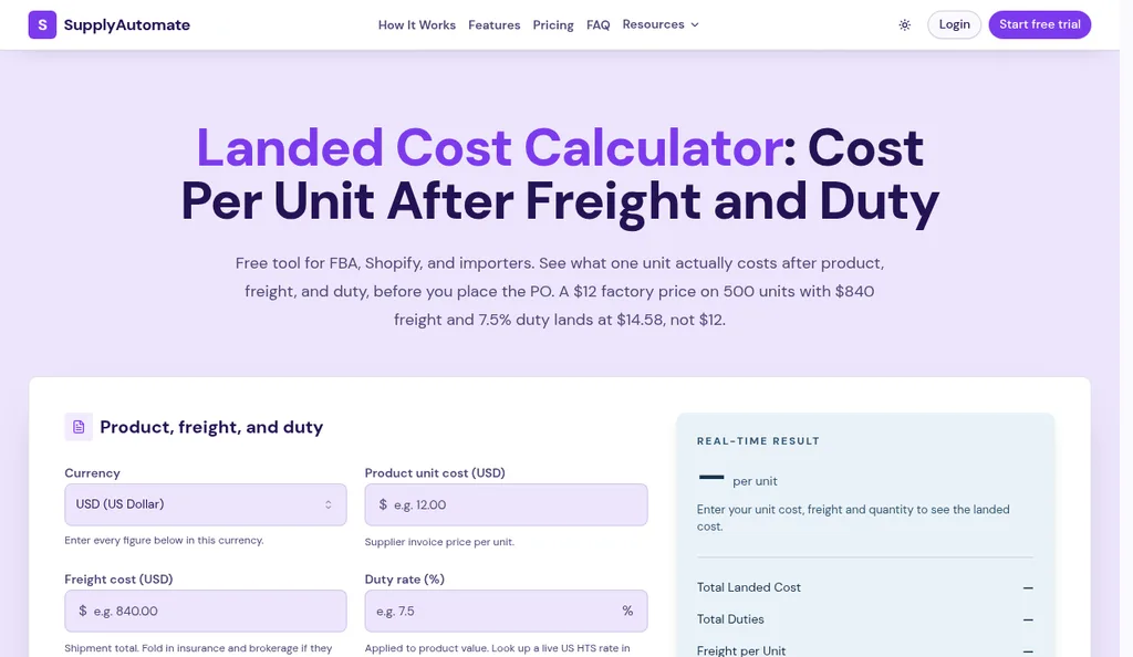 SupplyAutomate free landed cost calculator showing product, freight, and duty inputs and a per unit landed cost result