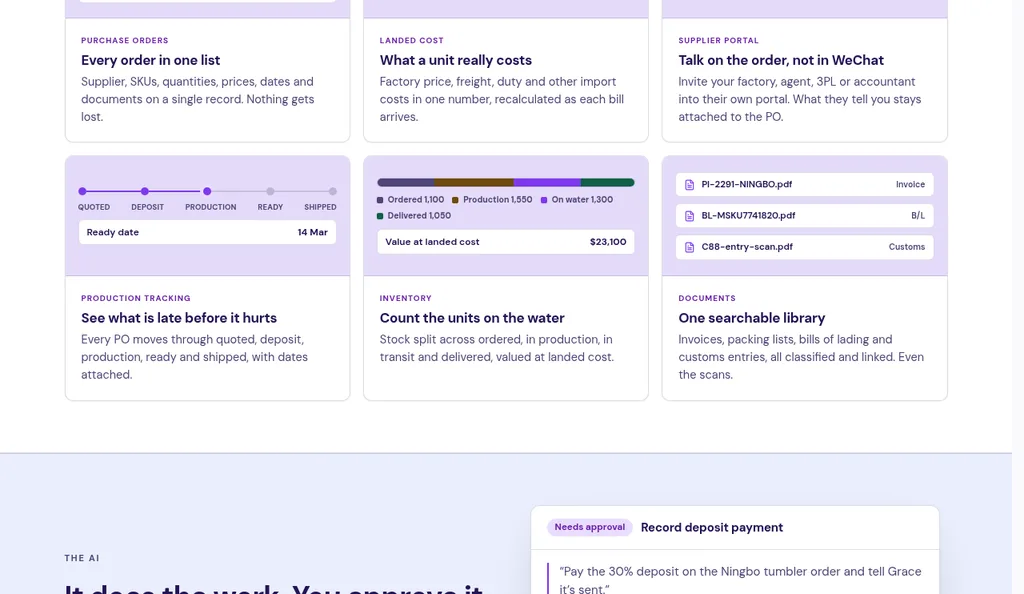 SupplyAutomate homepage features showing production tracking where every PO moves through quoted, deposit, production, ready, and shipped with dates attached