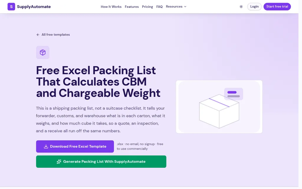 SupplyAutomate packing list template page explaining that a shipping packing list tells your forwarder, customs, and warehouse what is in each carton so a quote, an inspection, and a receive all run off the same numbers