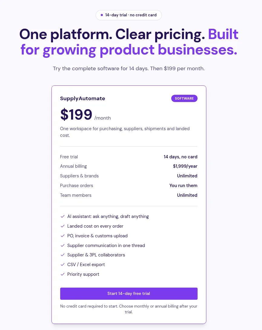 SupplyAutomate pricing page showing a 14-day free trial, then $199 per month or $1,999 per year for one workspace with unlimited suppliers and team members, landed cost on every order, PO, invoice, and customs upload, and CSV or Excel export