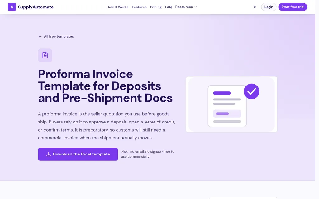 SupplyAutomate proforma invoice template page explaining that a proforma invoice is the seller quotation used to approve a deposit before goods ship, with a Download the Excel template button