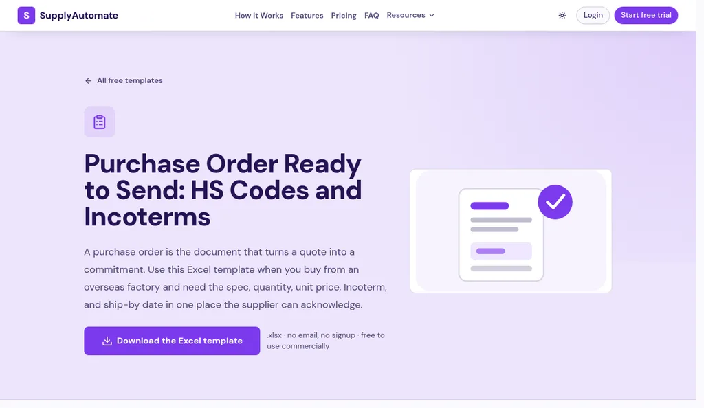 SupplyAutomate free purchase order template page with HS code and Incoterm fields and a Download the Excel template button