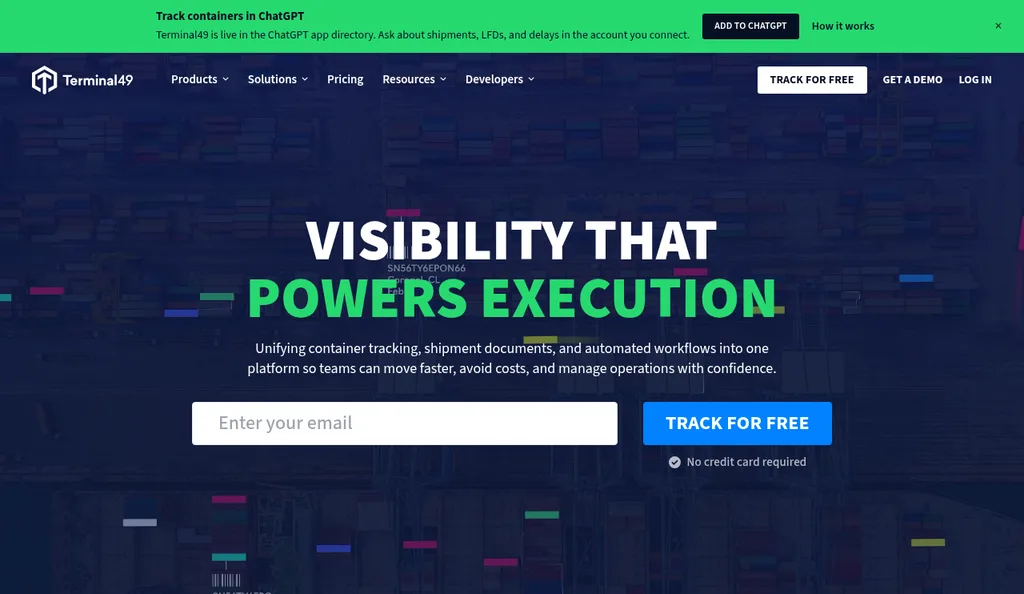 Terminal49 homepage with the headline Visibility That Powers Execution and a Track for Free button for container tracking