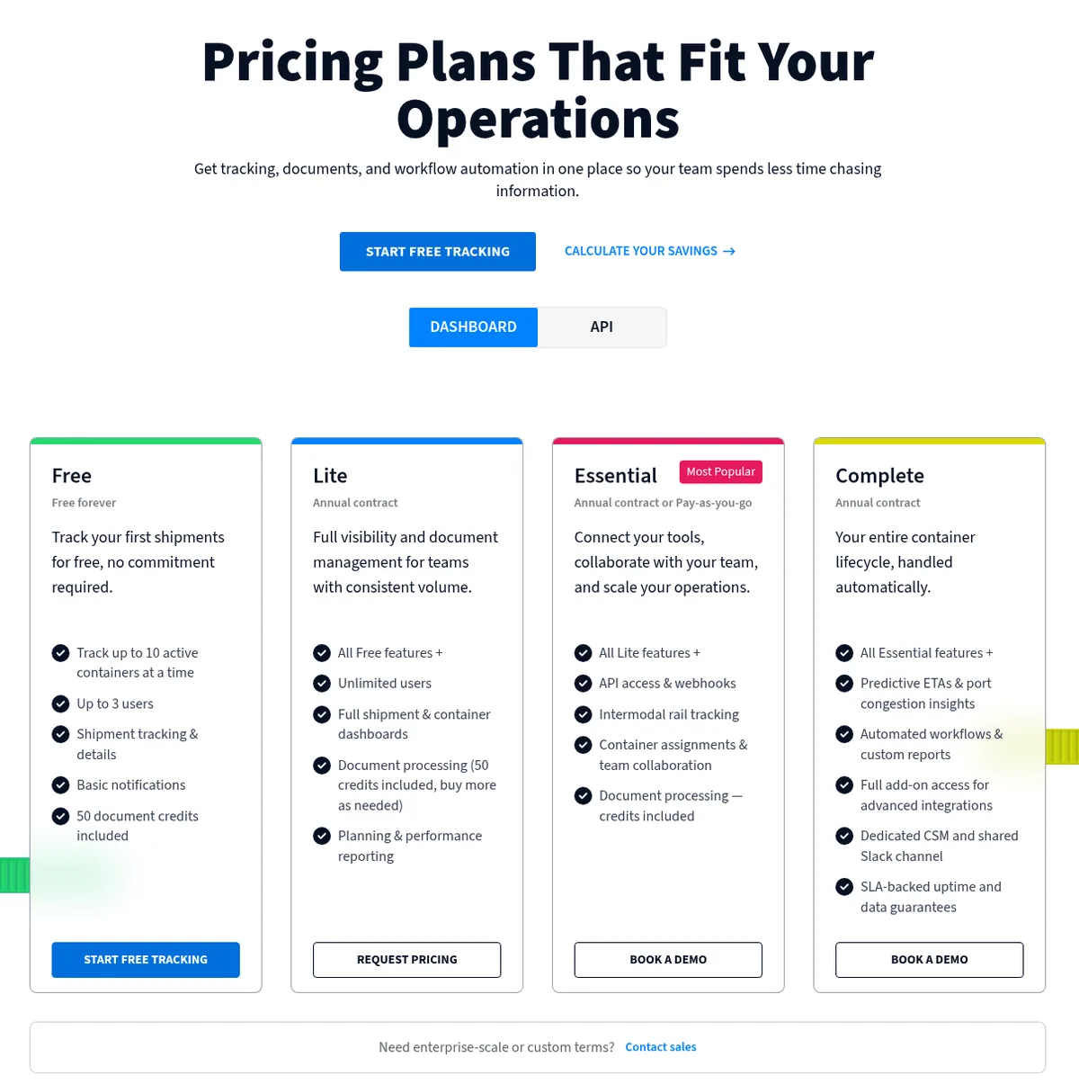 Terminal49 pricing page showing a Free plan that tracks up to 10 active containers at a time with up to 3 users and 50 document credits, next to Lite, Essential, and Complete plans that require a pricing request or demo
