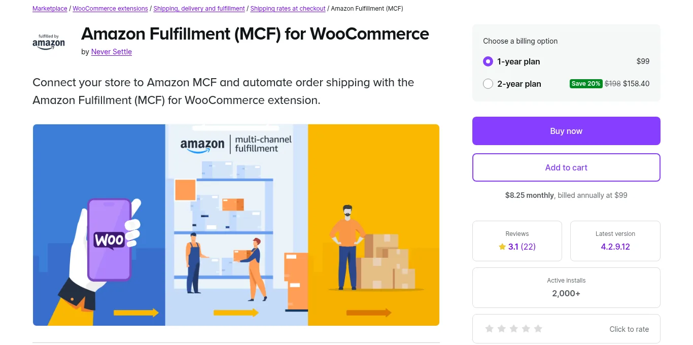 WooCommerce Marketplace listing for the Amazon Fulfillment (MCF) for WooCommerce extension by Never Settle, showing the yearly billing options, reviews, latest version, and active installs