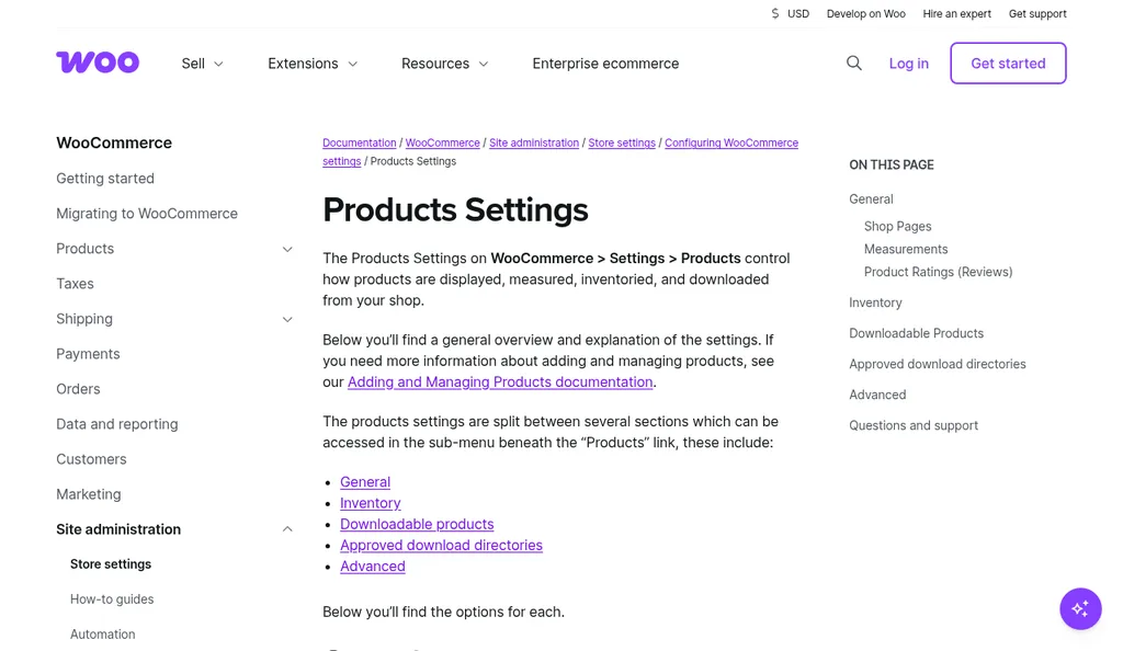 WooCommerce documentation page for Products Settings, including the inventory section of the store settings