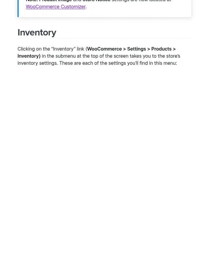 WooCommerce documentation showing the Inventory settings screen with Enable stock management, low stock, out of stock, and backorder notifications, a notification recipient, and a low stock threshold of 2