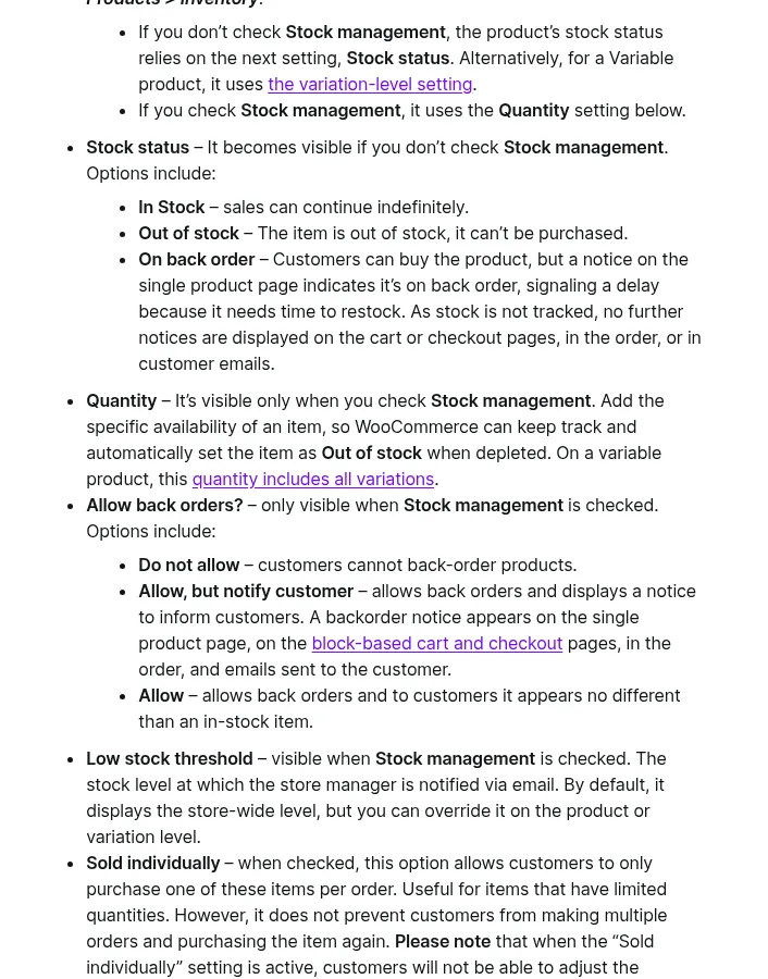 WooCommerce Product Editor settings documentation describing the Inventory section, where the Low stock threshold shows the store-wide level by default and can be overridden on the product or variation level