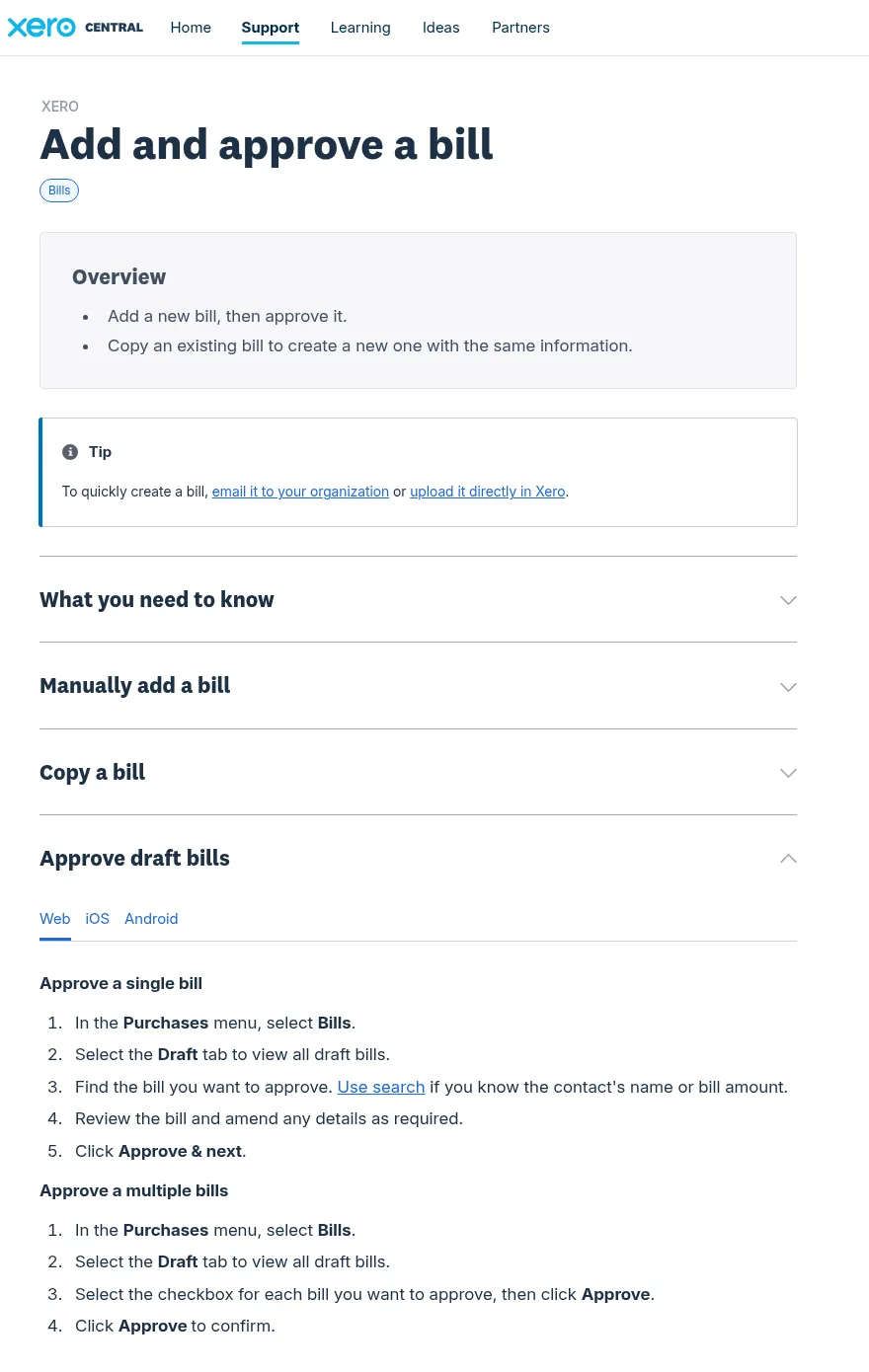 Xero Central help article Add and approve a bill with the Approve draft bills section open, showing the steps to approve a single bill with Approve and next and to approve multiple bills using checkboxes