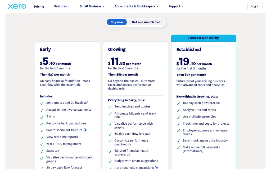 Xero pricing page showing Early at $27, Growing at $59, and Established at $97 a month after 80% off for the first 3 months