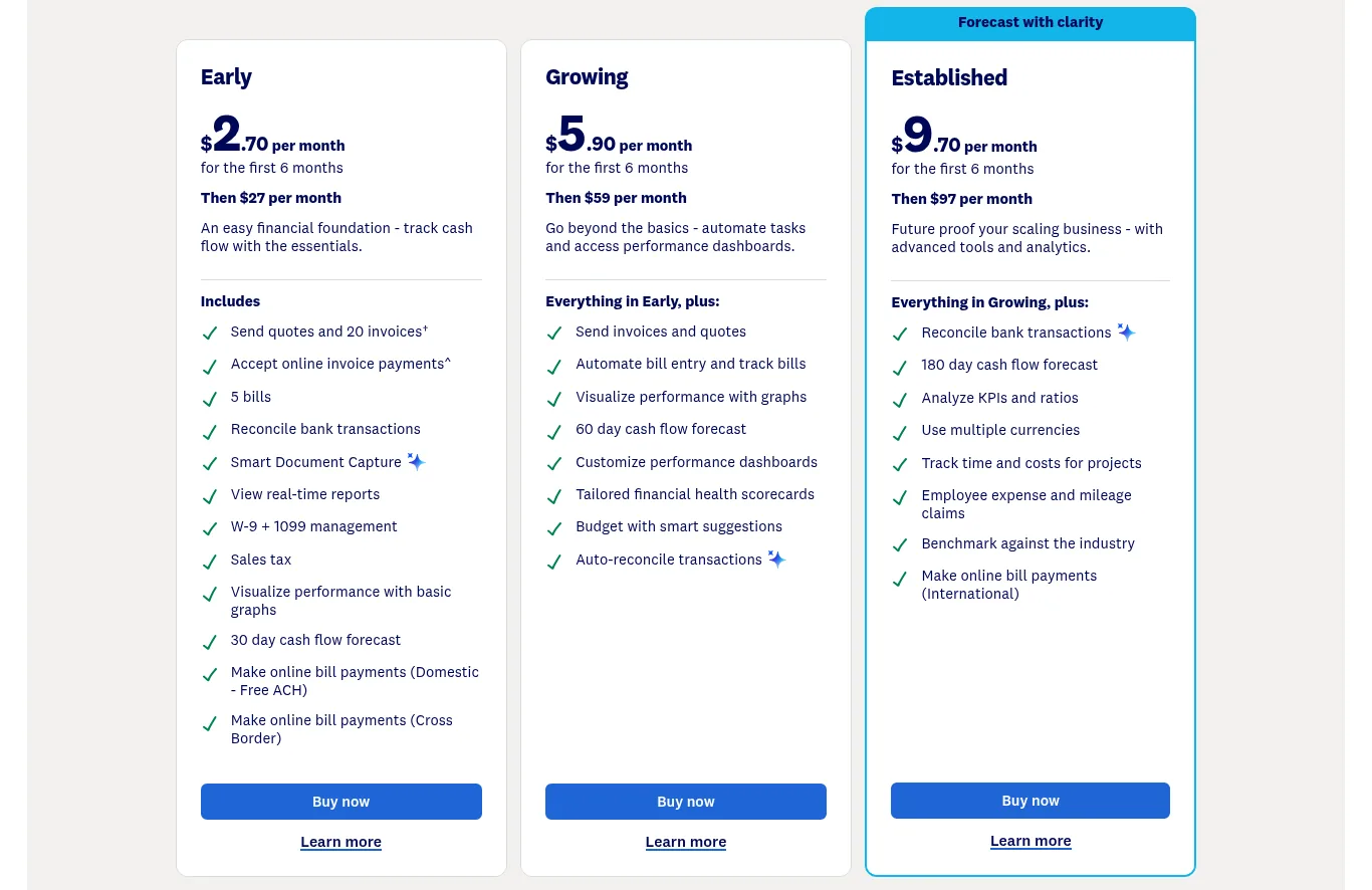 Xero US pricing page showing the Early, Growing, and Established plans at $27, $59, and $97 per month after the intro offer, with Smart Document Capture included and 5 bills on the Early plan