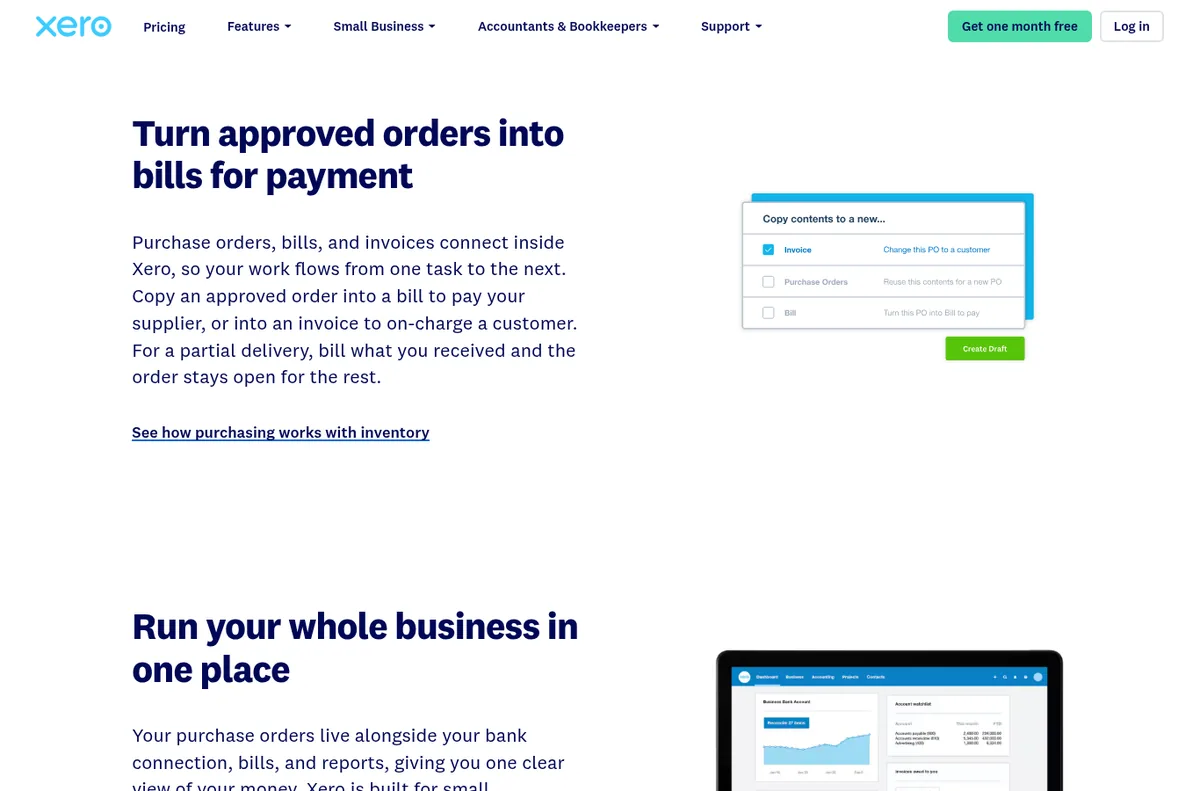 Xero US purchase order software page with the section Turn approved orders into bills for payment, explaining that you can copy an approved order into a bill and bill only what you received on a partial delivery