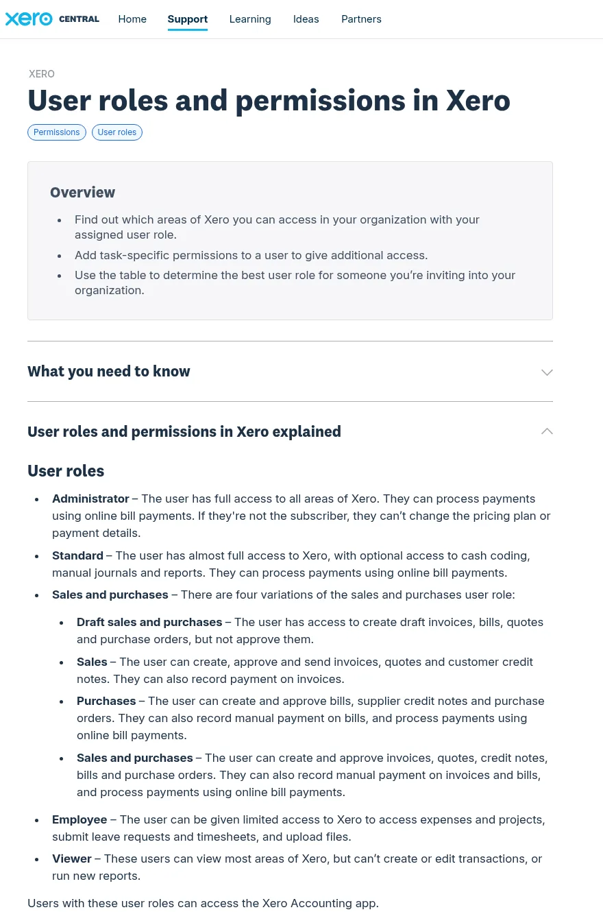 Xero Central help article User roles and permissions in Xero, listing the Administrator, Standard, and four sales and purchases roles, including Draft sales and purchases, which can create draft invoices, bills, quotes, and purchase orders but not approve them