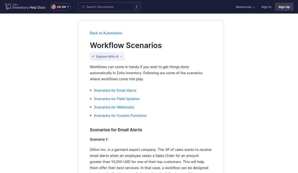 Zoho Inventory help page on workflow scenarios, including an example of email alerts sent before a purchase order's expected delivery date
