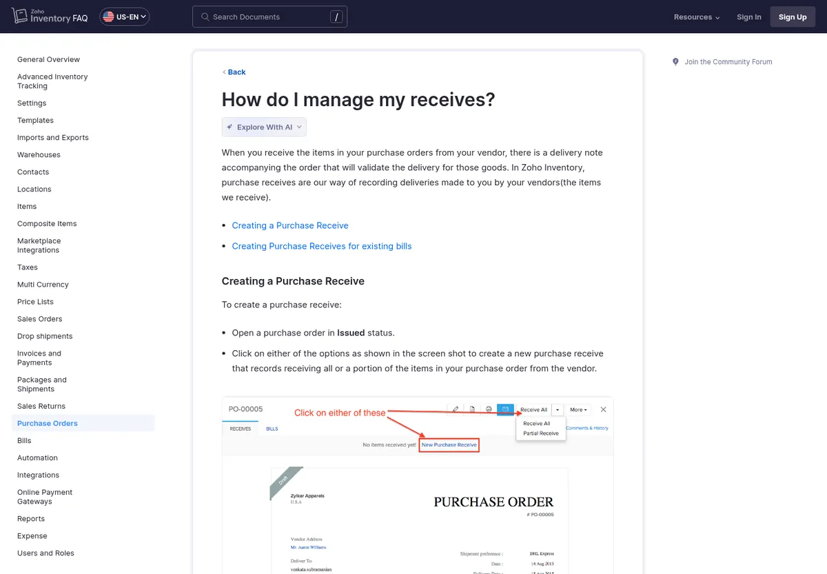Zoho Inventory FAQ page How do I manage my receives, showing the Receive All and Partial Receive options on a purchase order