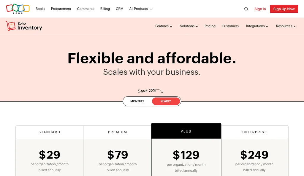Zoho Inventory pricing page showing Standard at $29, Premium at $79, Plus at $129, and Enterprise at $249 per organization per month billed annually