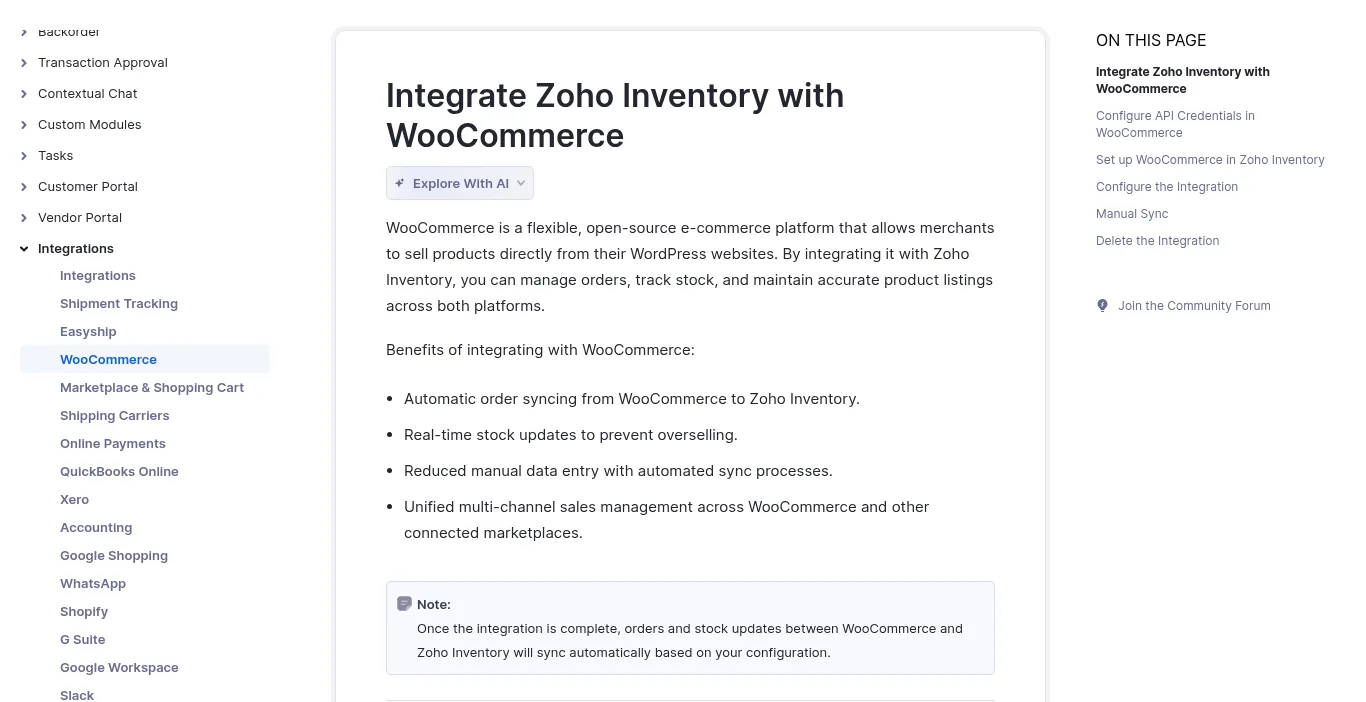 Zoho Inventory help page Integrate Zoho Inventory with WooCommerce, listing automatic order syncing, real-time stock updates, and the steps to create a REST API key in WooCommerce