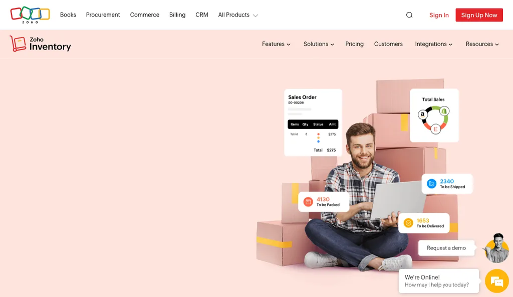 Zoho Inventory homepage showing inventory software with sales order, shipping, and invoice illustrations