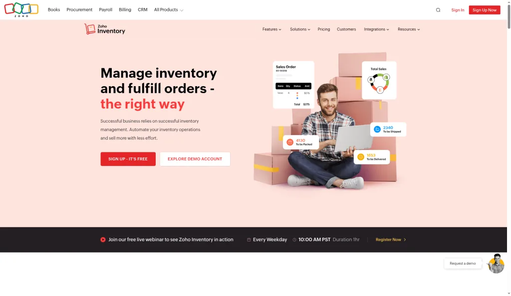 Zoho Inventory homepage for multichannel inventory and order fulfillment